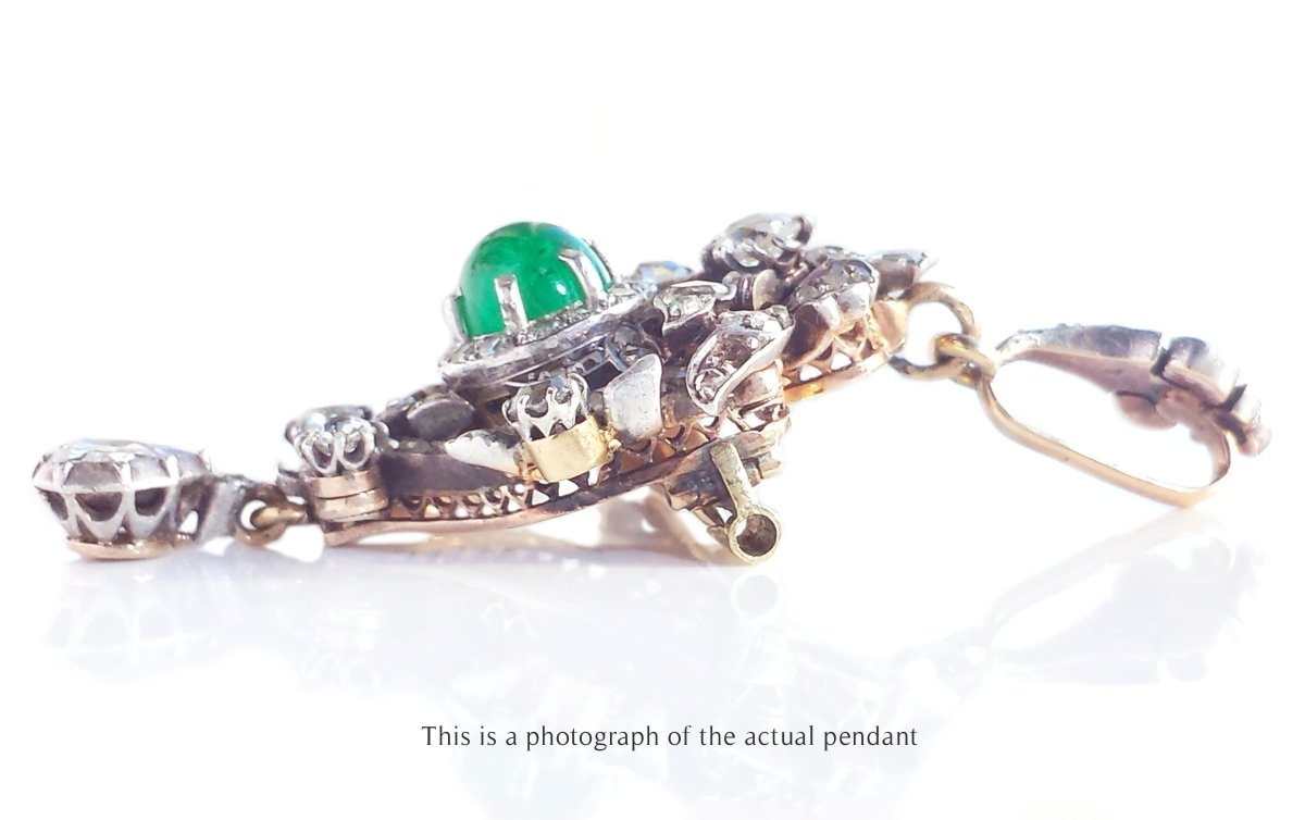 Victorian Pendant Brooch Cabochon Colombian Emerald & Old Cut Diamonds - Bloomsbury Manor Ltd