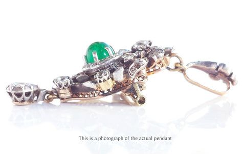 Victorian Pendant Brooch Cabochon Colombian Emerald & Old Cut Diamonds - Bloomsbury Manor Ltd