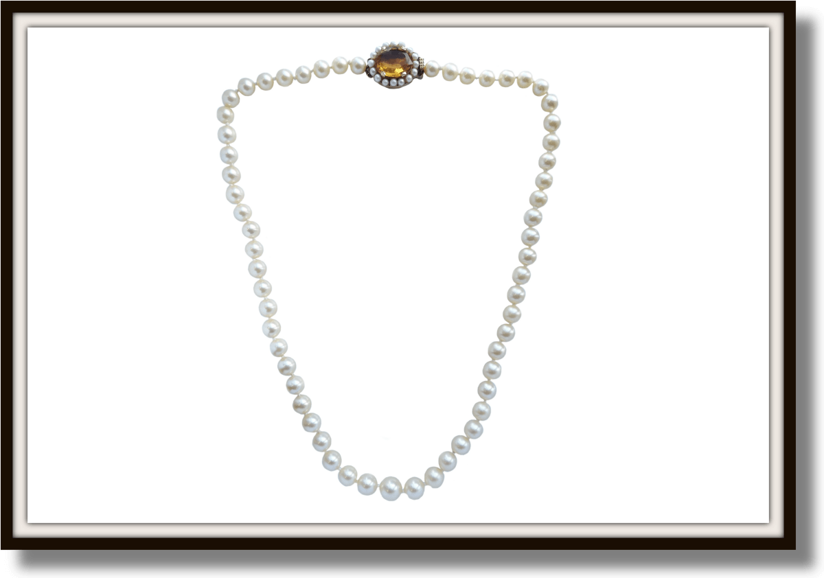Vintage 1940s Cultured Pearl Necklace with 7.30ct Citrine Clasp - Bloomsbury Manor Ltd