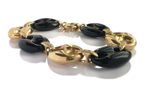 Vintage 1980s Onyx Puffed Anchor Mariner Link Bracelet 18k Gold - Bloomsbury Manor Ltd