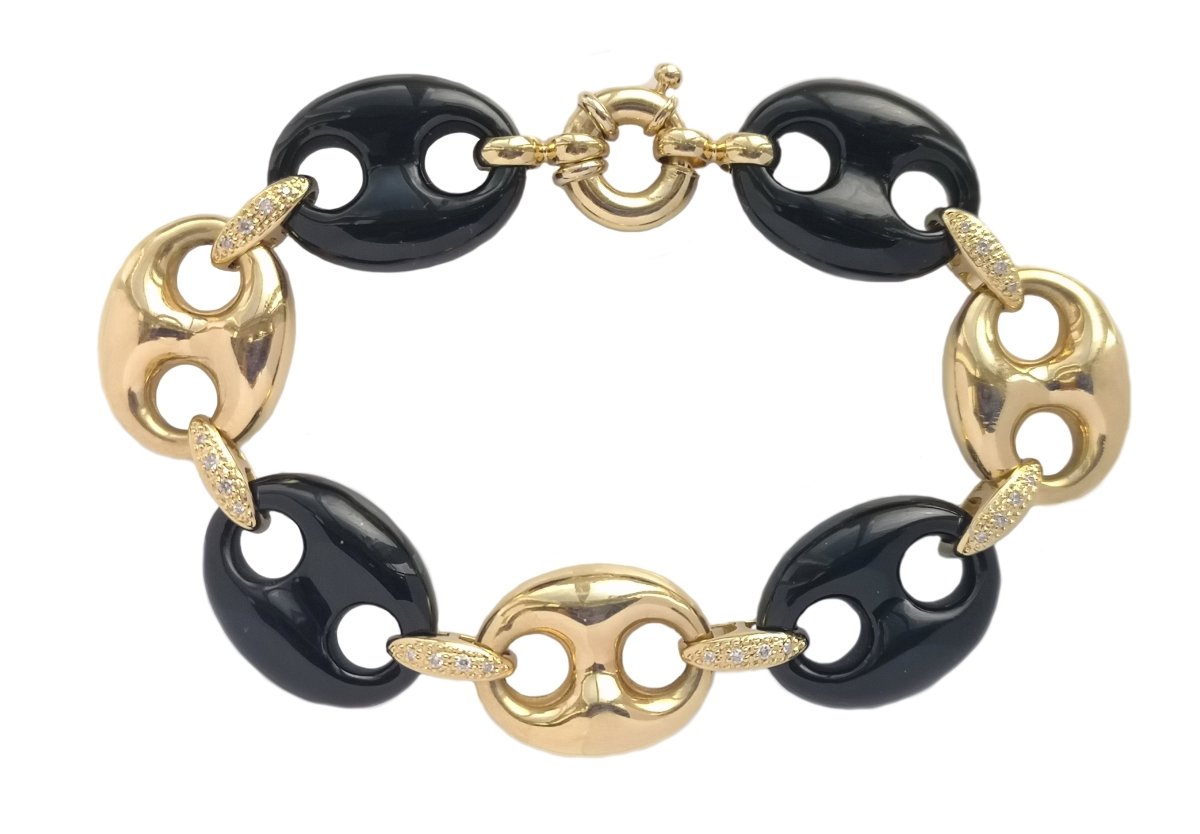 Vintage 1980s Onyx Puffed Anchor Mariner Link Bracelet 18k Gold - Bloomsbury Manor Ltd