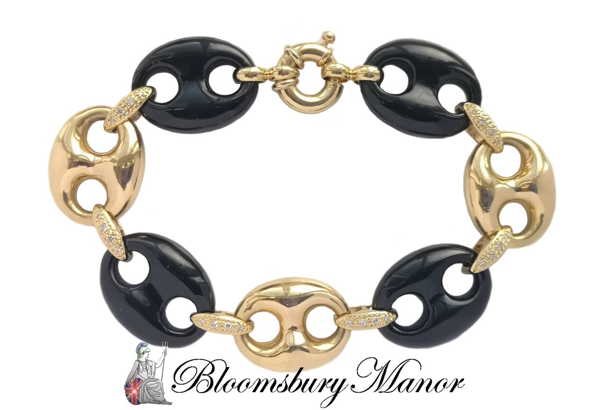 Vintage 1980s Onyx Puffed Anchor Mariner Link Bracelet 18k Gold - Bloomsbury Manor Ltd