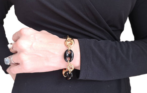 Vintage 1980s Onyx Puffed Anchor Mariner Link Bracelet 18k Gold - Bloomsbury Manor Ltd