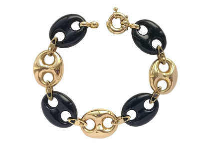 Vintage 1980s Onyx Puffed Anchor Mariner Link Bracelet 18k Gold - Bloomsbury Manor Ltd