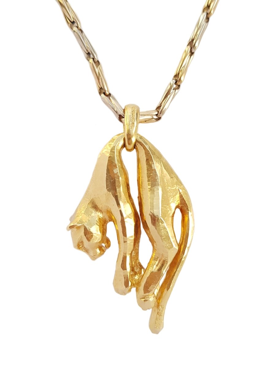 Pendentif Panthère Avec Chaîne Longue En Métal Doré Vintage - Style Animalier Années 70-80