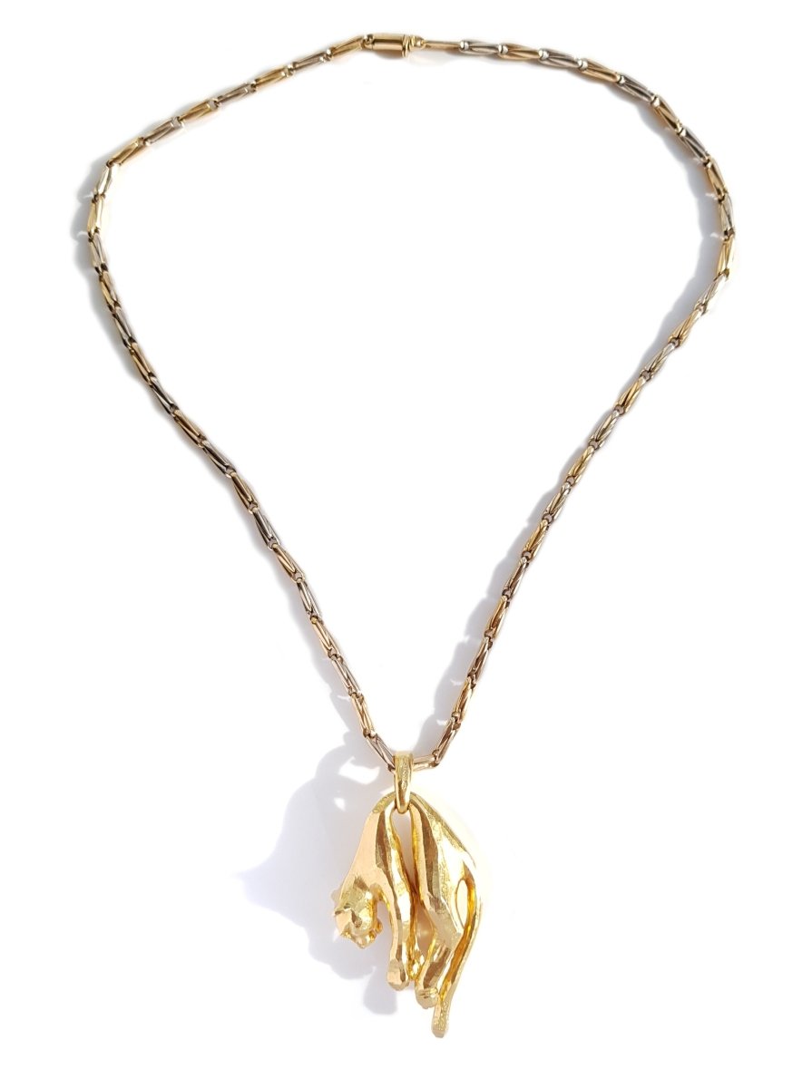 Vintage 1981 Cartier Large Panthère Molle Pendant Necklace with bicolour gold Chain - Bloomsbury Manor Ltd
