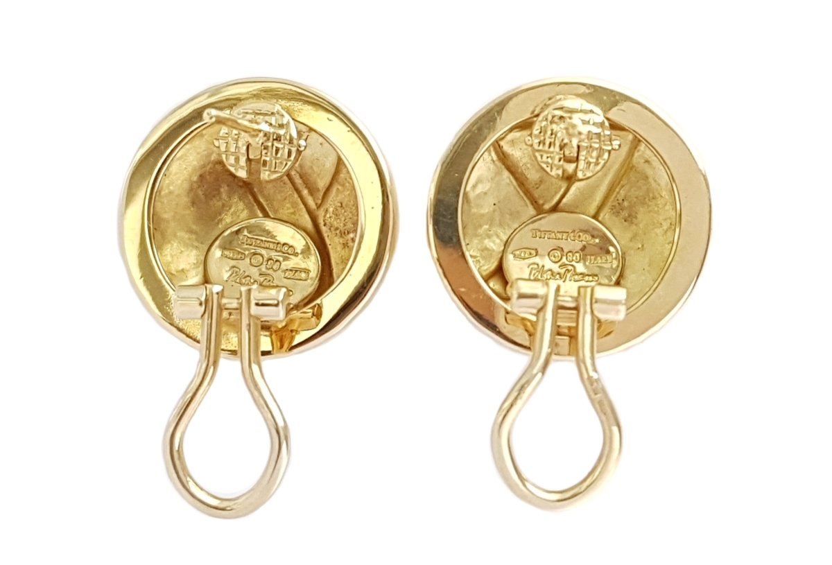 Vintage 1990 Tiffany & Co Paloma Picasso Kiss Disc Earrings 18k Gold - Bloomsbury Manor Ltd