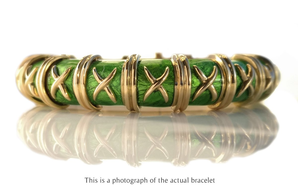 Vintage Croisillon Green Enamel Paillonné Jackie Bracelet 