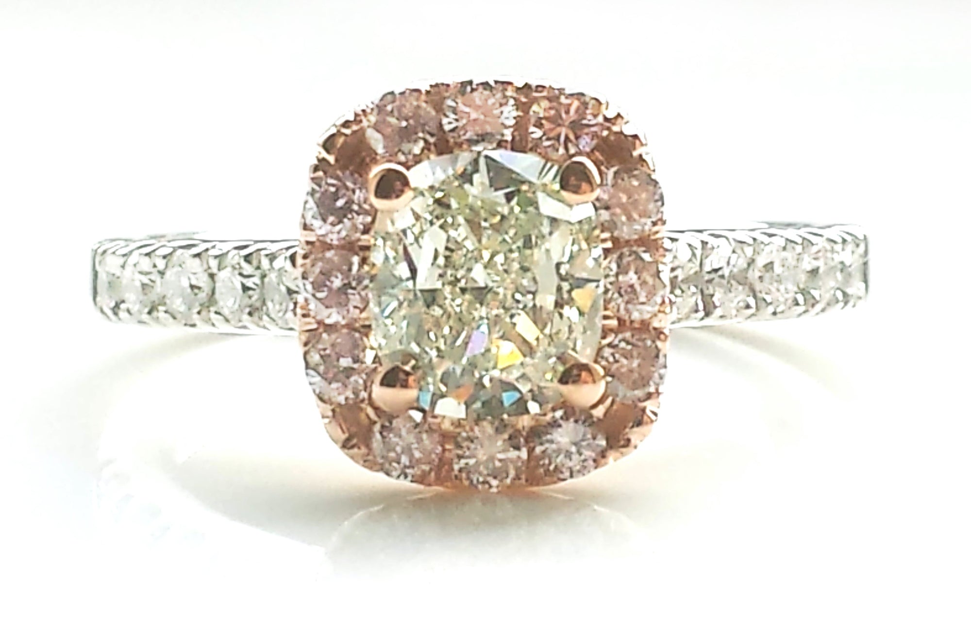 Natural Green 1.7ct VVS2 Diamond 'Soleste' Engagement Ring with Pink Diamond Halo set in Rose Gold & Platinum