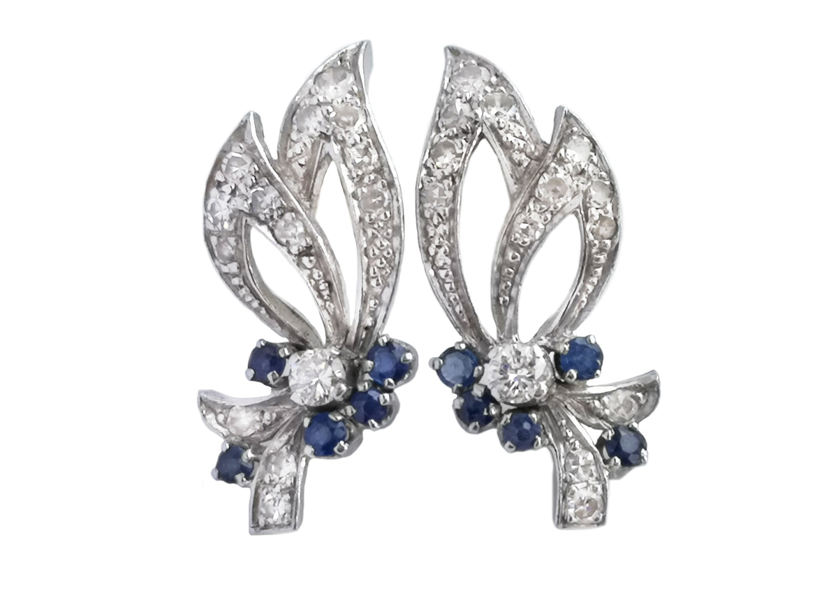Mid Century Foliate Sapphire Diamond Earrings