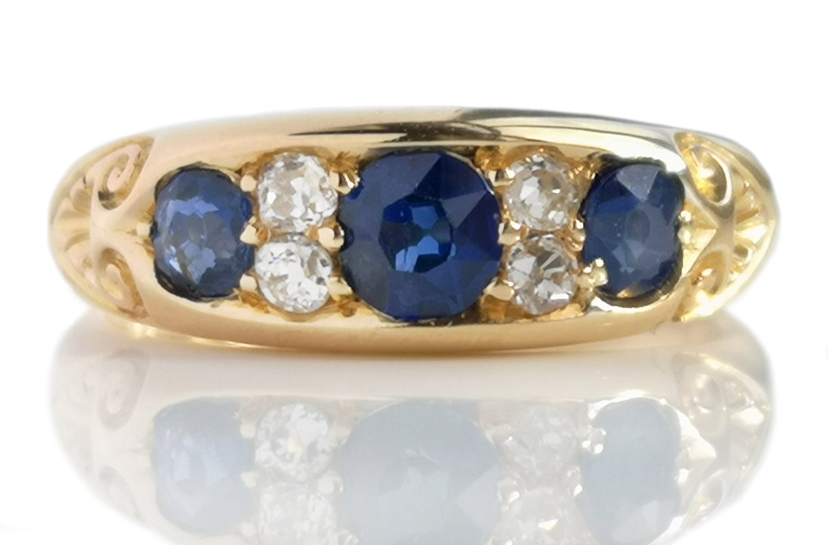 English Victorian 1888 .75ct Sapphire Old Cut Diamond 18k Gold Ring 