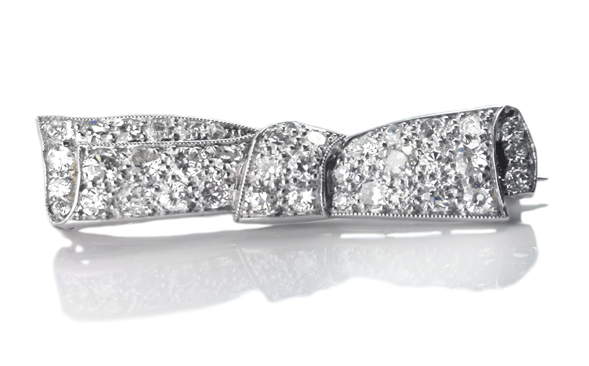 Original 2.46ct Art Deco Old Cut Diamond Platinum Bow Brooch