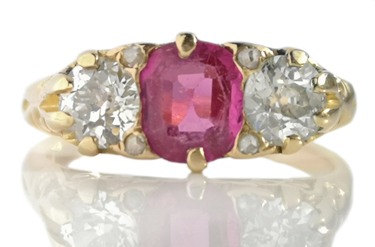 Antique Victorian .70ct Burmese Pink Sapphire & .80ct Old Cut Diamond Ring K 1/2