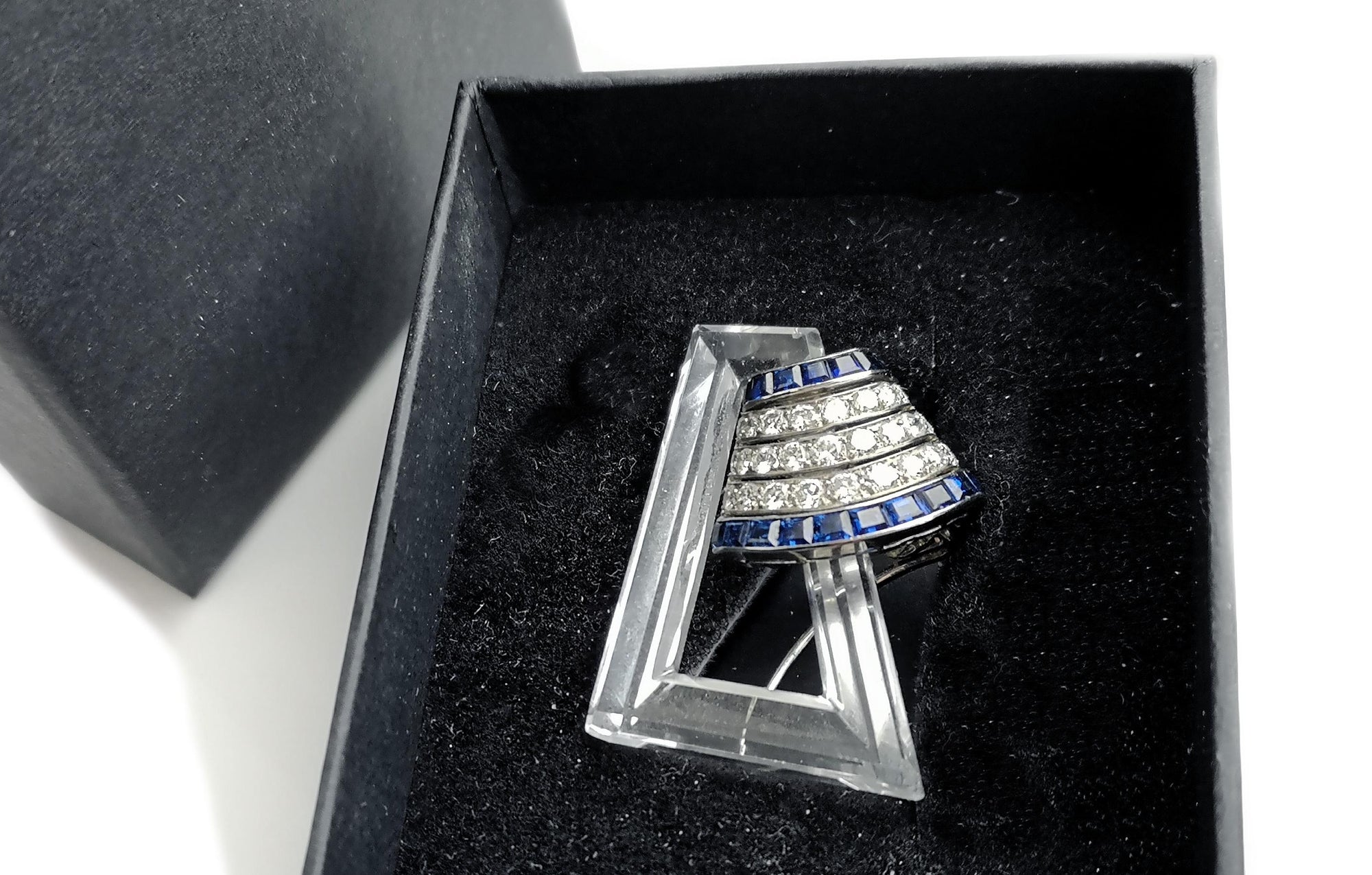 Original Art Deco 1.56tcw Old Cut Diamond Sapphire Rock Crystal Brooch in box