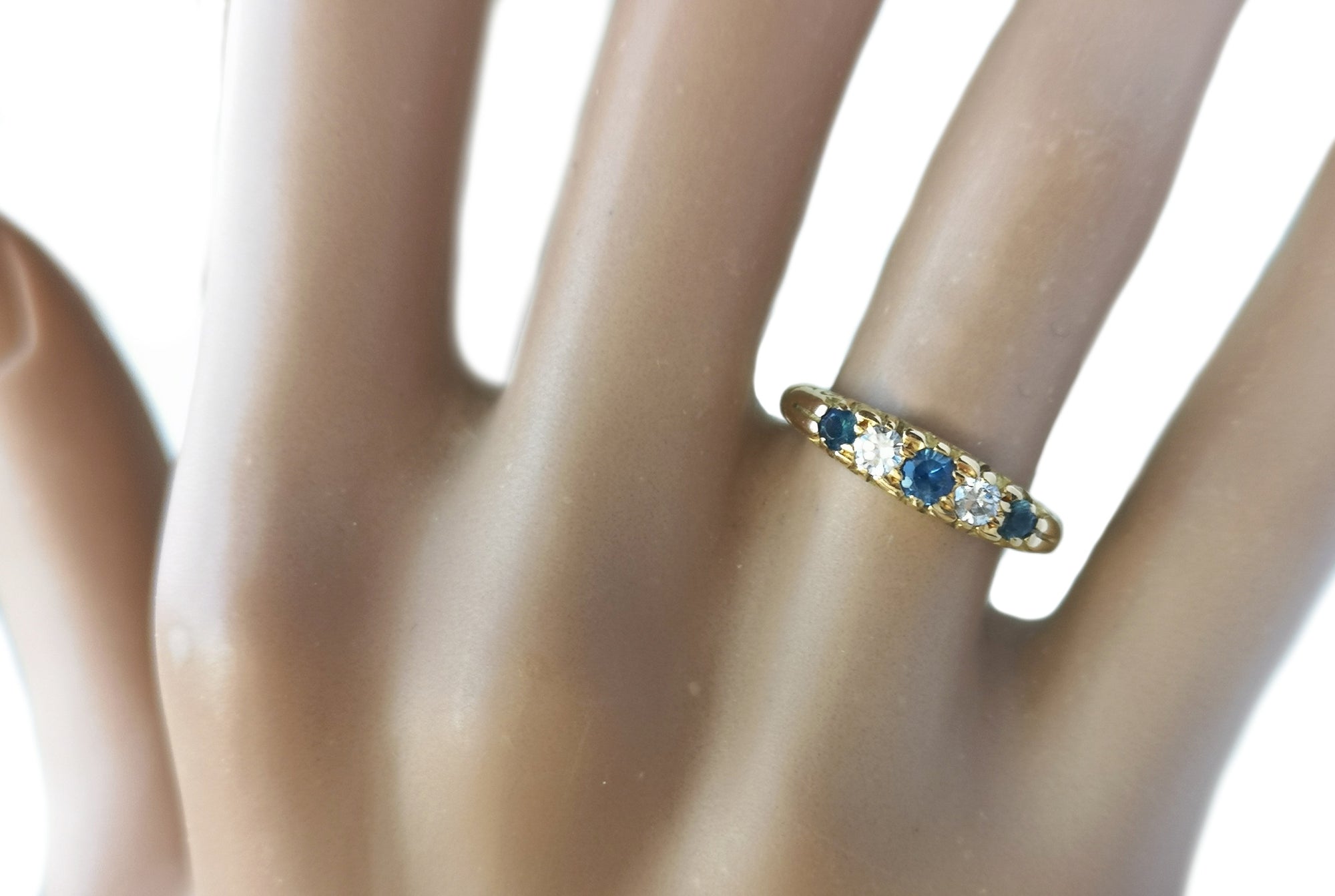 Antique Victorian 5 Stone Sapphire Diamond 18k Engagement Ring