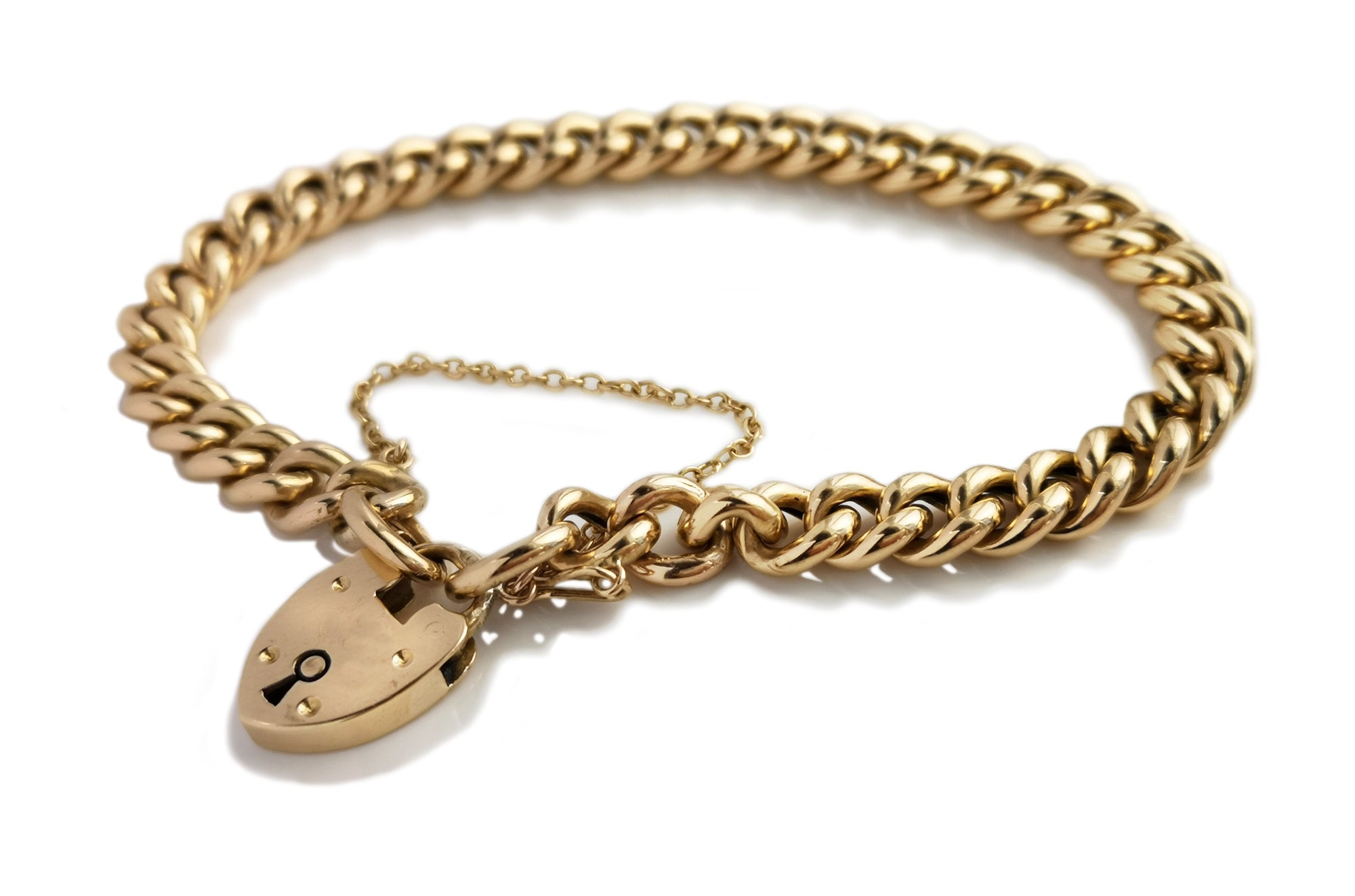 Antique Victorian Heart Padlock 18k Curb Solid Chain Bracelet