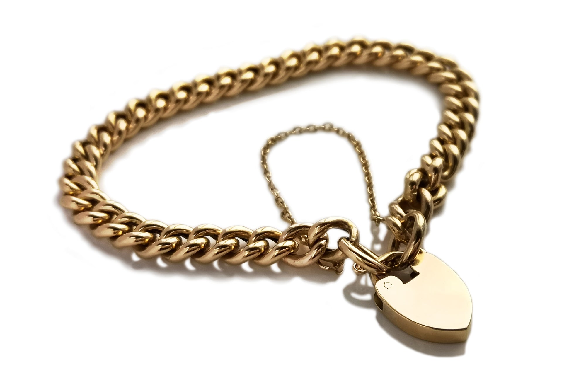 Antique Victorian Heart Padlock 18k Curb Solid Chain Bracelet