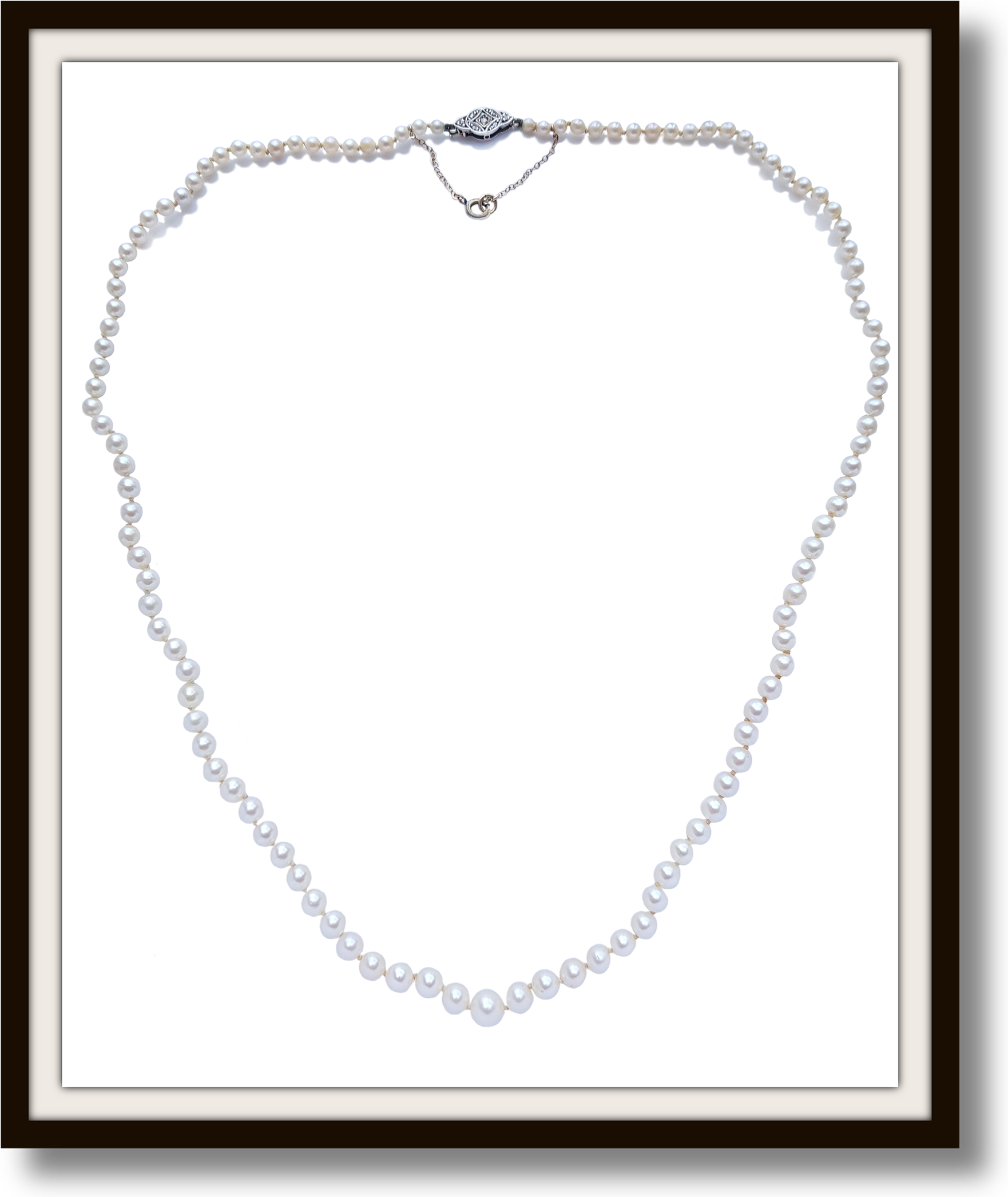 Vintage 22in Cultured Graduated Knotted Pearl Necklace 6.54mm-3.7mm rose cut diamond clasp