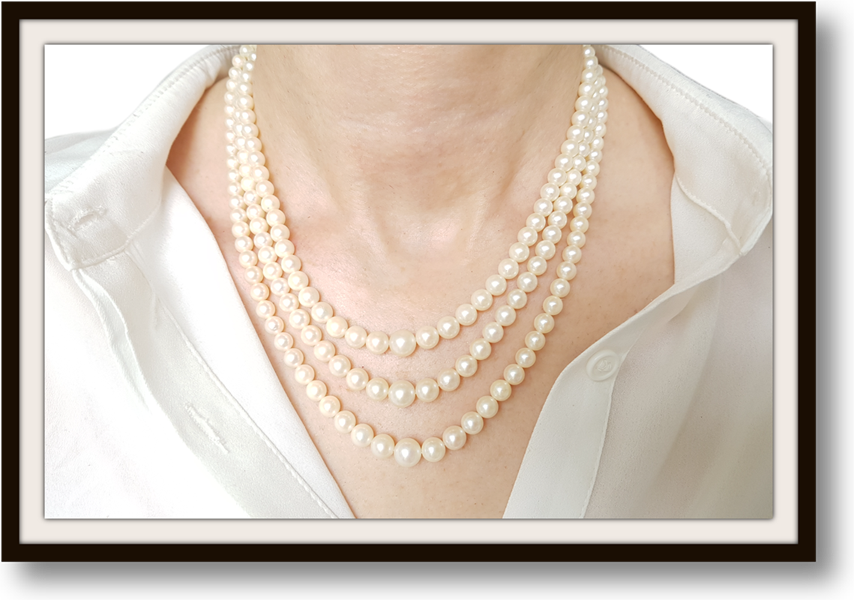 Vintage Graduated 3 Strand 17in Akoya Cultured Pearl Necklace Rose Cut 9ct Gold Diamond Clasp