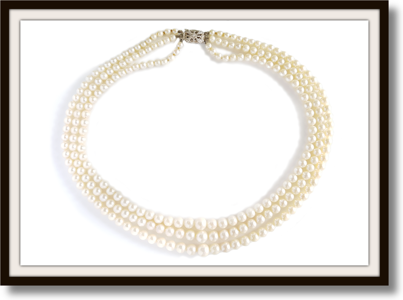 Vintage Graduated 3 Strand 17in Akoya Cultured Pearl Necklace Rose Cut 9ct Gold Diamond Clasp