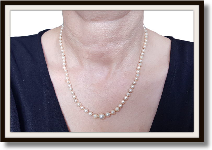 Vintage Graduated 17" Knotted Cultured Pearl Necklace 9K White Gold Clasp Rose Cut Diamond