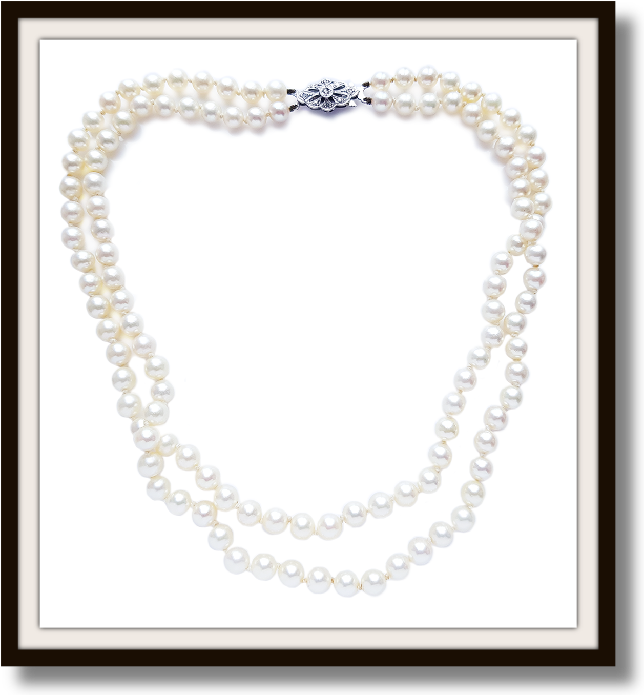 Vintage 1950s 2 Strand Akoya Cultured Pearl Hand Knotted Necklace 9k Gold & Platinum Rose Cut Diamond Clasp