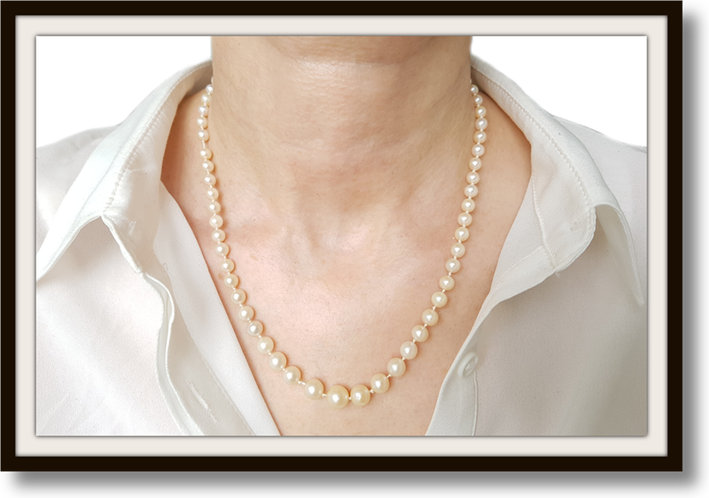 Vintage Akoya Cultured Pearl Hand Knotted Graduated Necklace Rose Cut Diamond Clasp 18in