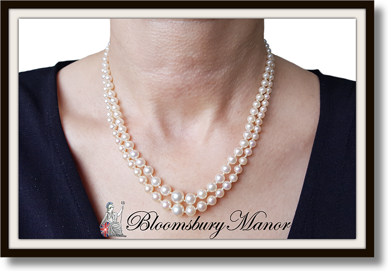 Vintage 1950s 2 strand 16in Graduated 7.43mm to 3.88mm Hand Knotted Cultured Akoya Pearl necklace 9k gold clasp rose cut diamond