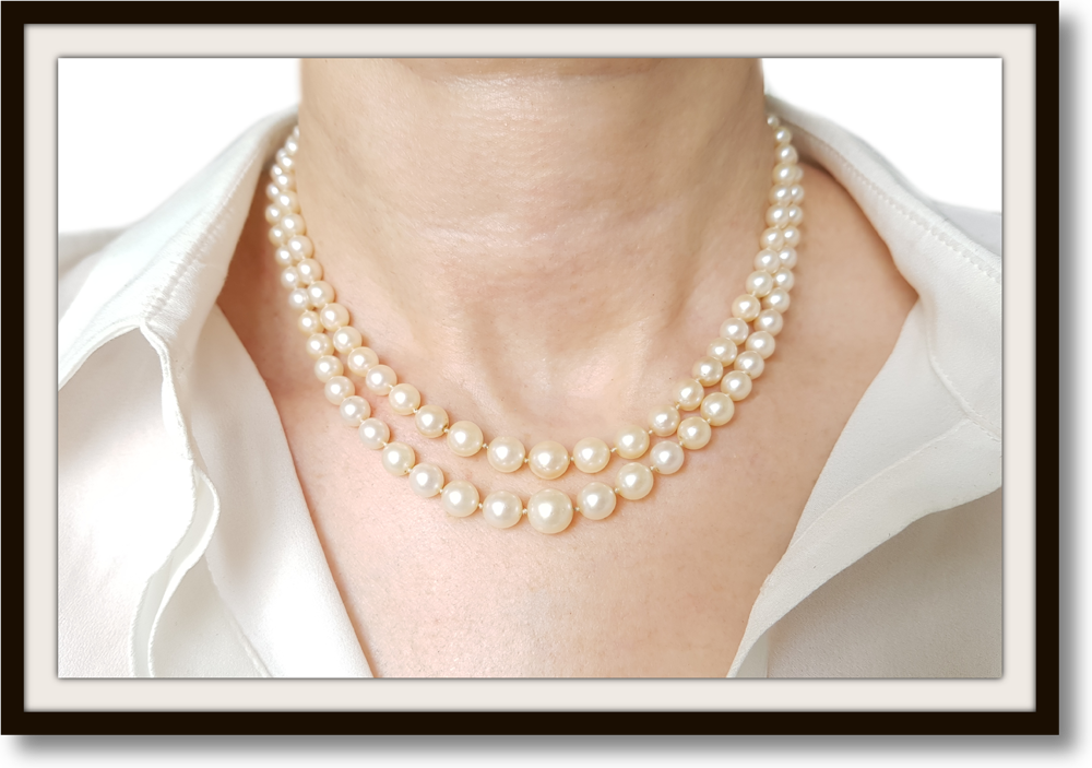 Vintage 1930s Art Deco 2 Strand Graduated Hand Knotted Akoya Cultured Pearl Necklace