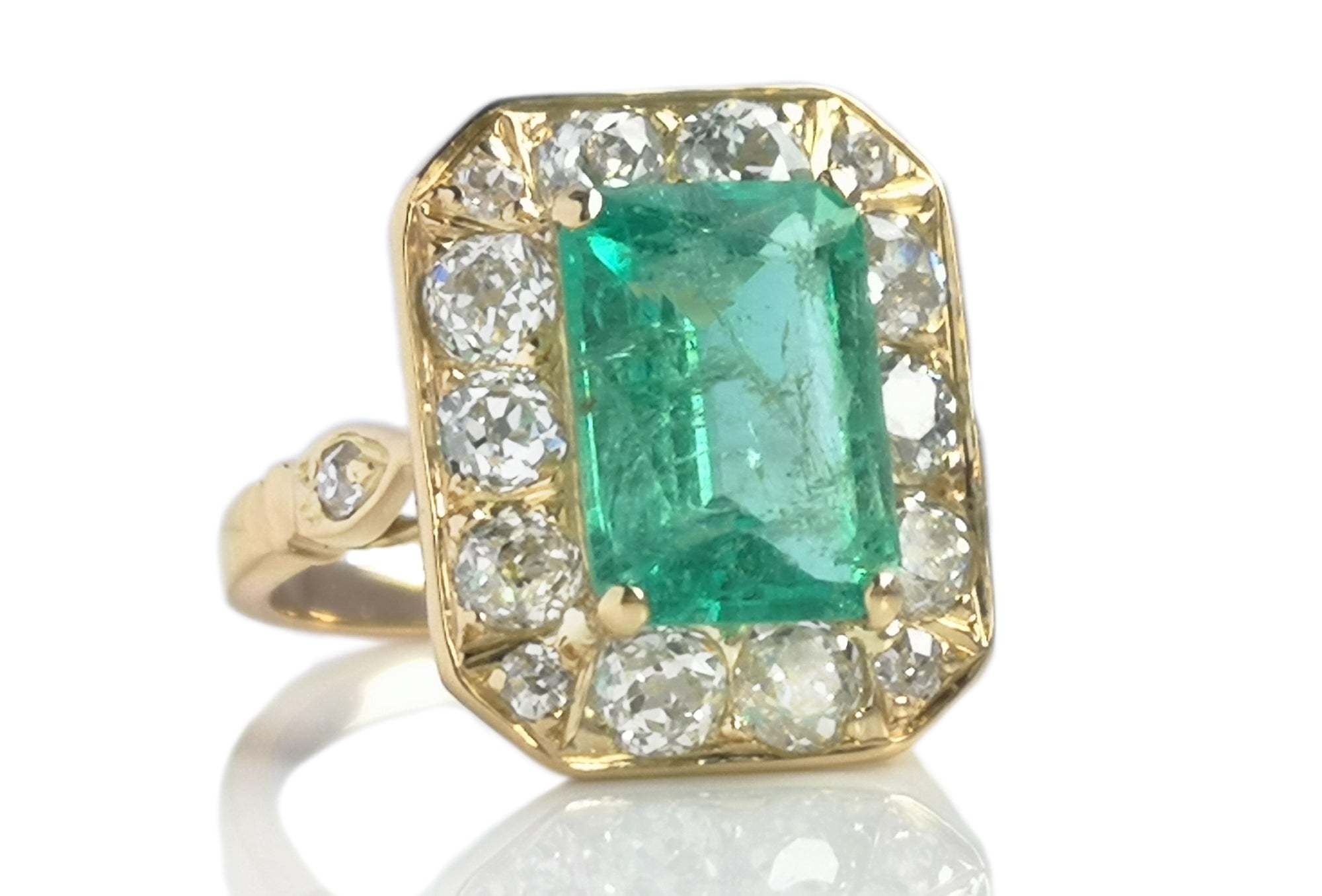 Antique French 2.68ct Colombian Emerald & 1.10ct Old Cut Diamond Cluster Ring