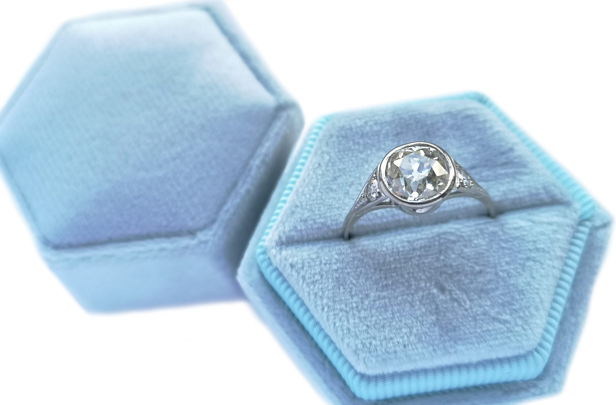 Art Deco 1.80ct Old Cut Bezel Set Diamond Engagement Ring in box