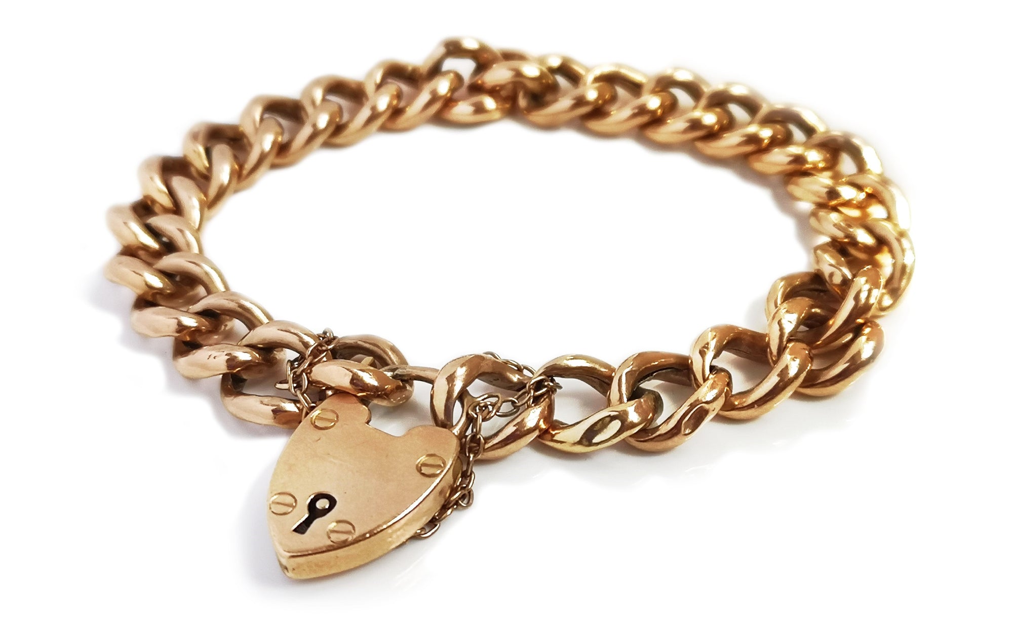 Antique Victorian Heart Padlock Curb Link Bracelet 9k Rose Gold