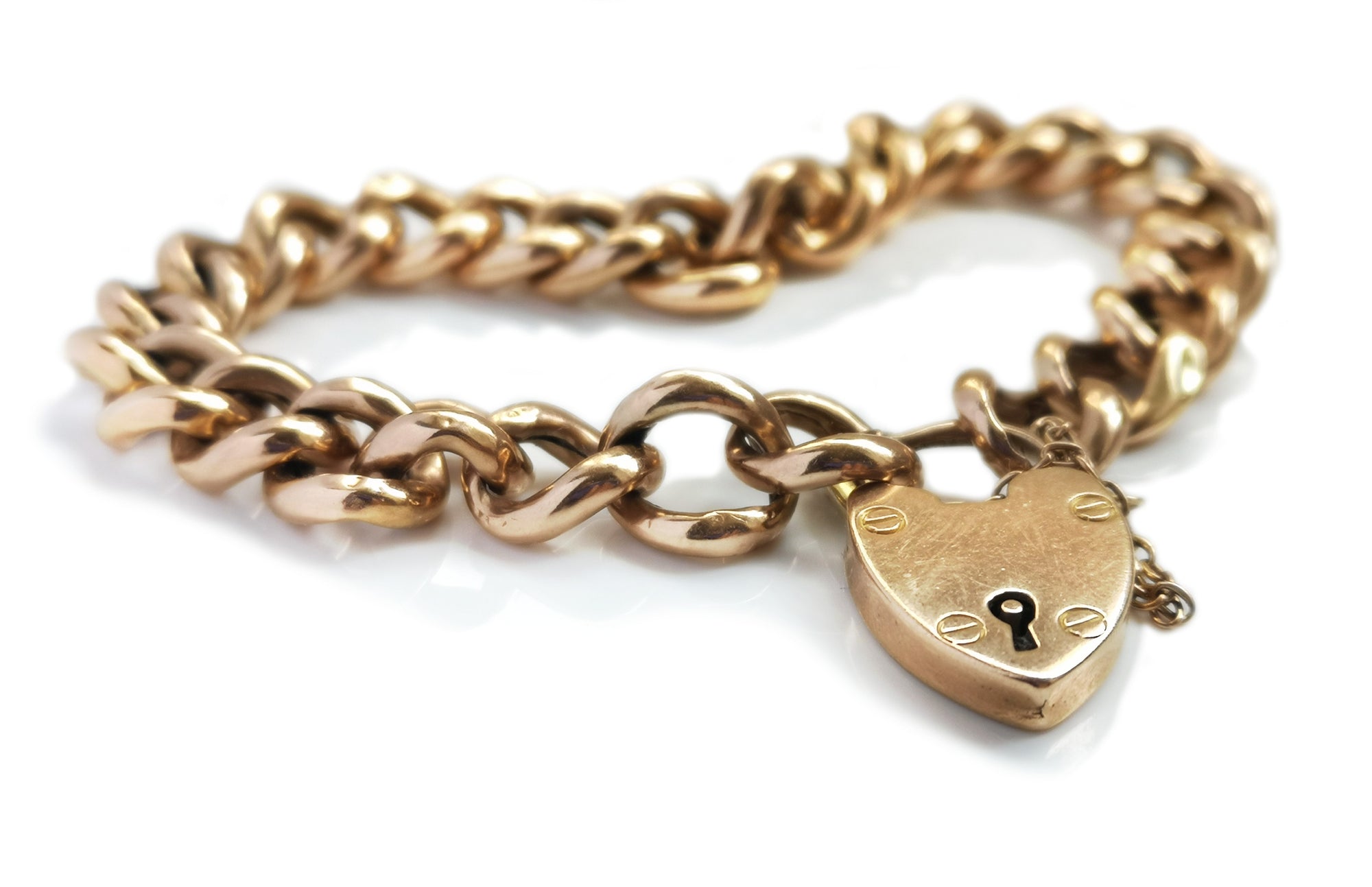 Antique Victorian Heart Padlock Curb Link Bracelet 9k Rose Gold