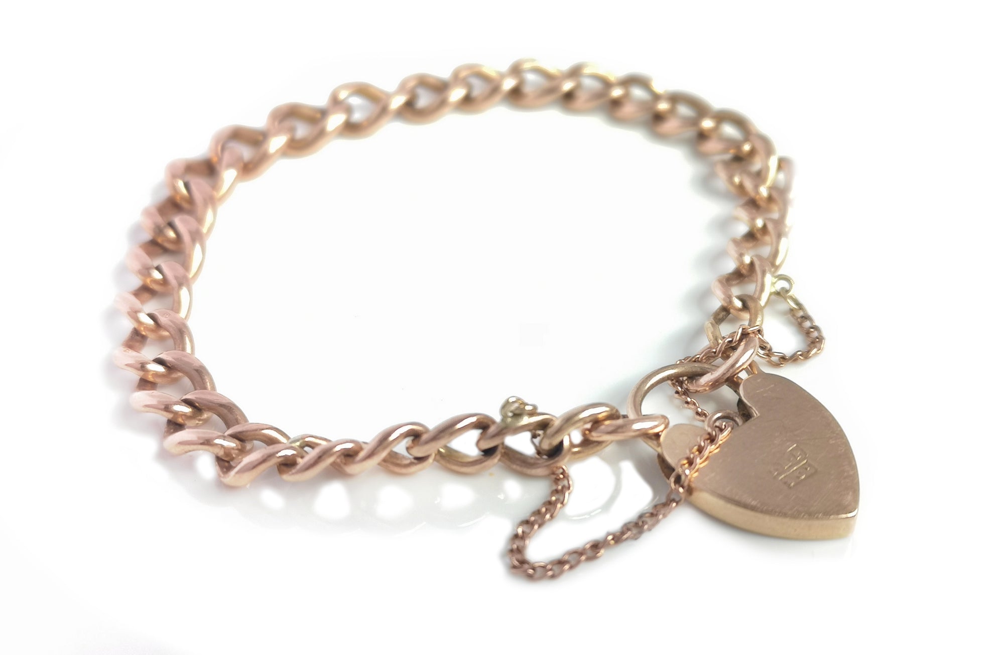 Victorian Solid 9ck Rose Gold Curb Chain Heart Padlock Bracelet