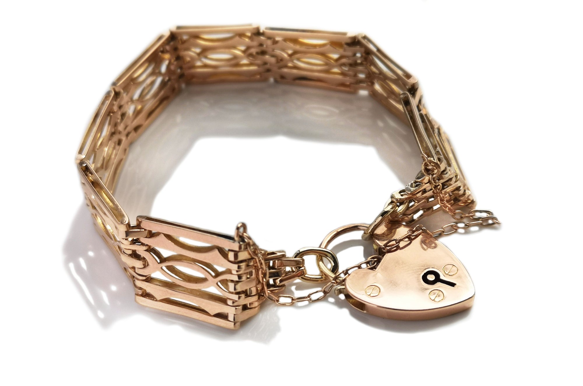 Vintage 1960s Heart Rose Gold Padlock Gate Link Bracelet 7.25 in