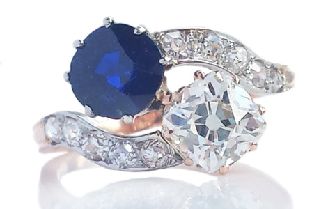 Victorian Edwardian Toi et Moi Crossover Old Cushion Cut Diamond & Sapphire 18k Ring