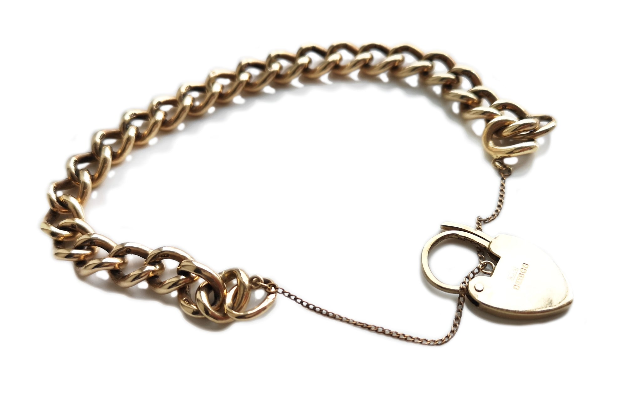 Vintage English 1961 Heart Padlock Solid 9k Gold Curb Link Bracelet 41.8g