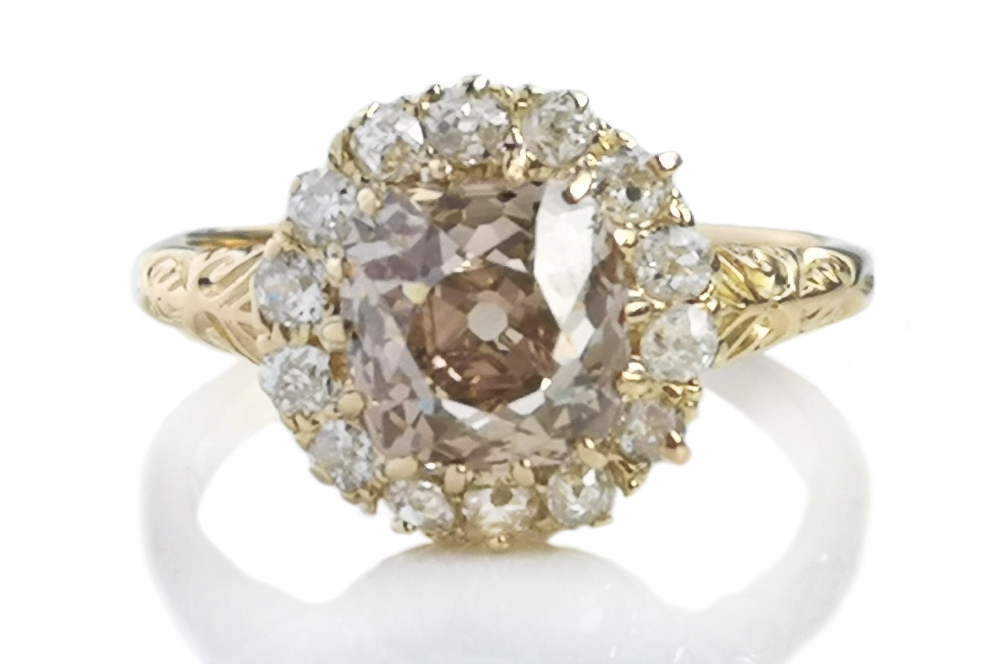 Antique Victorian 2.47ct Fancy Light Orangey Brown Old Mine Cut Diamond Cluster Ring
