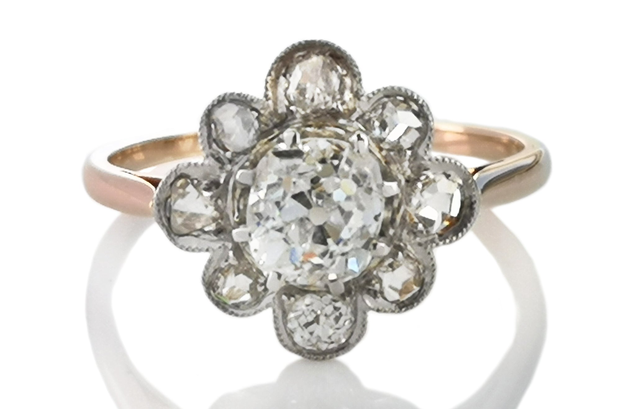 Antique Victorian 1.63tcw Old Cushion Cut Rose Cut Diamond Cluster Flower Ring