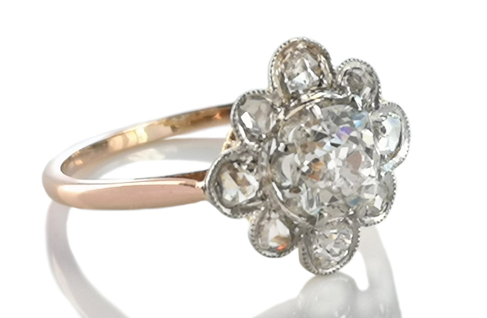 Antique Victorian 1.63tcw Old Cushion Cut Rose Cut Diamond Cluster Flower Ring
