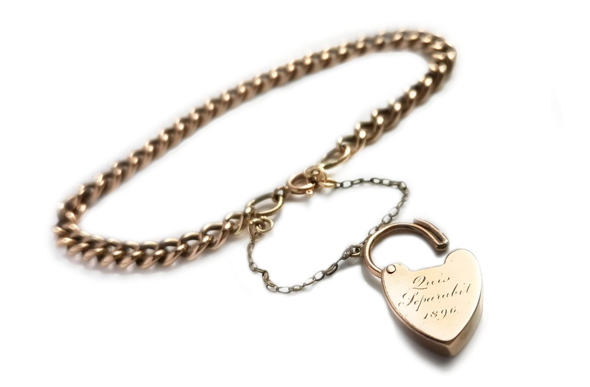 Antique Victorian 1896 Heart Padlock Curb Link Rose Gold Bracelet 8in