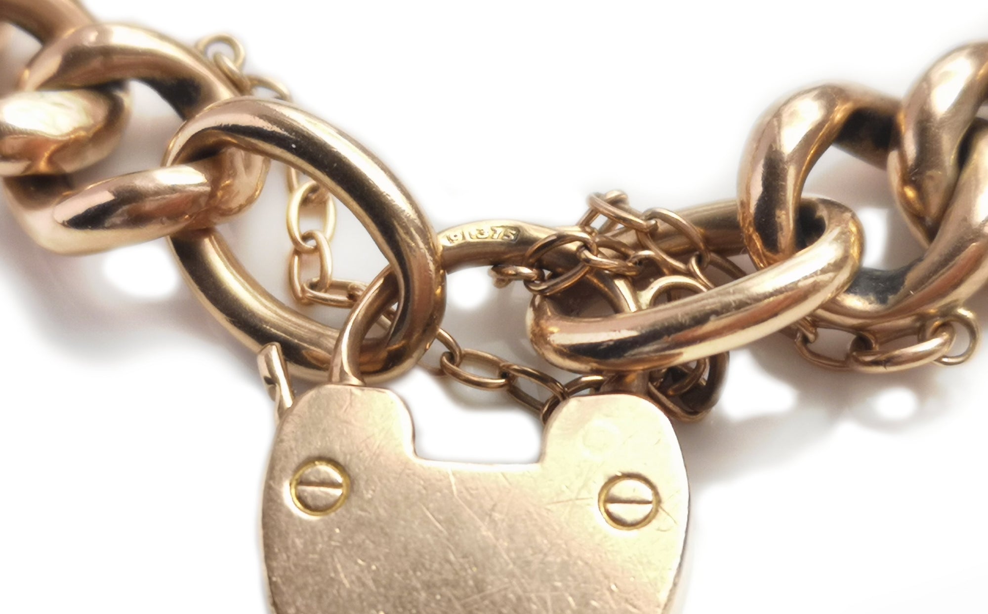 Antique Edwardian Chunky Hollow 9ct Rose Gold Curb Link Heart Padlock Bracelet 8in