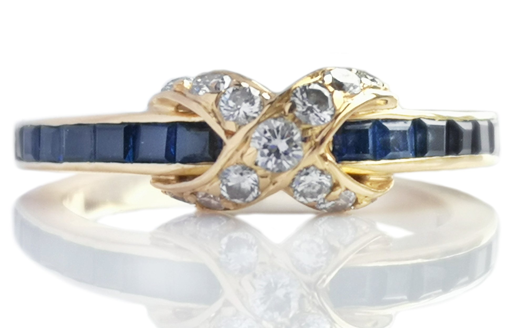 Vintage 1980s Tiffany & Co. Signature X Diamond & Sapphire 18k Gold Ring