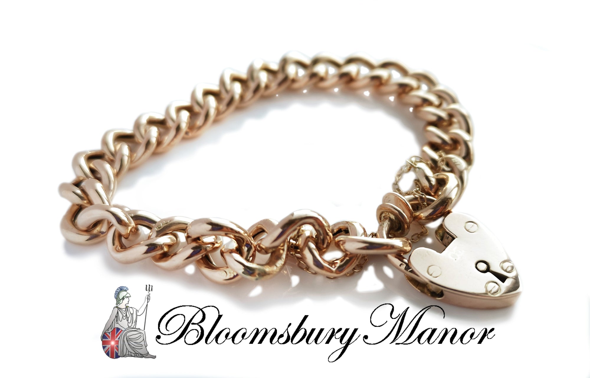 Vintage English 9k Rose Gold Curb Chain Heart Padlock Bracelet 7.7 inches.