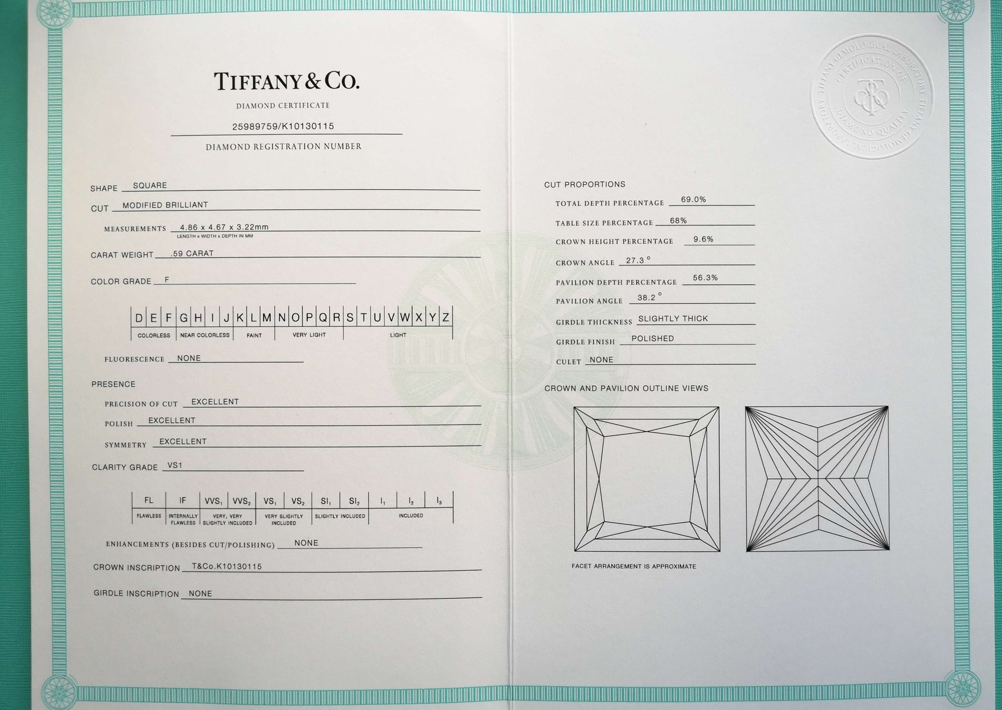 Tiffany & Co. 0.59ct Triple XXX F/VS1 Princess Cut Diamond Engagement Ring