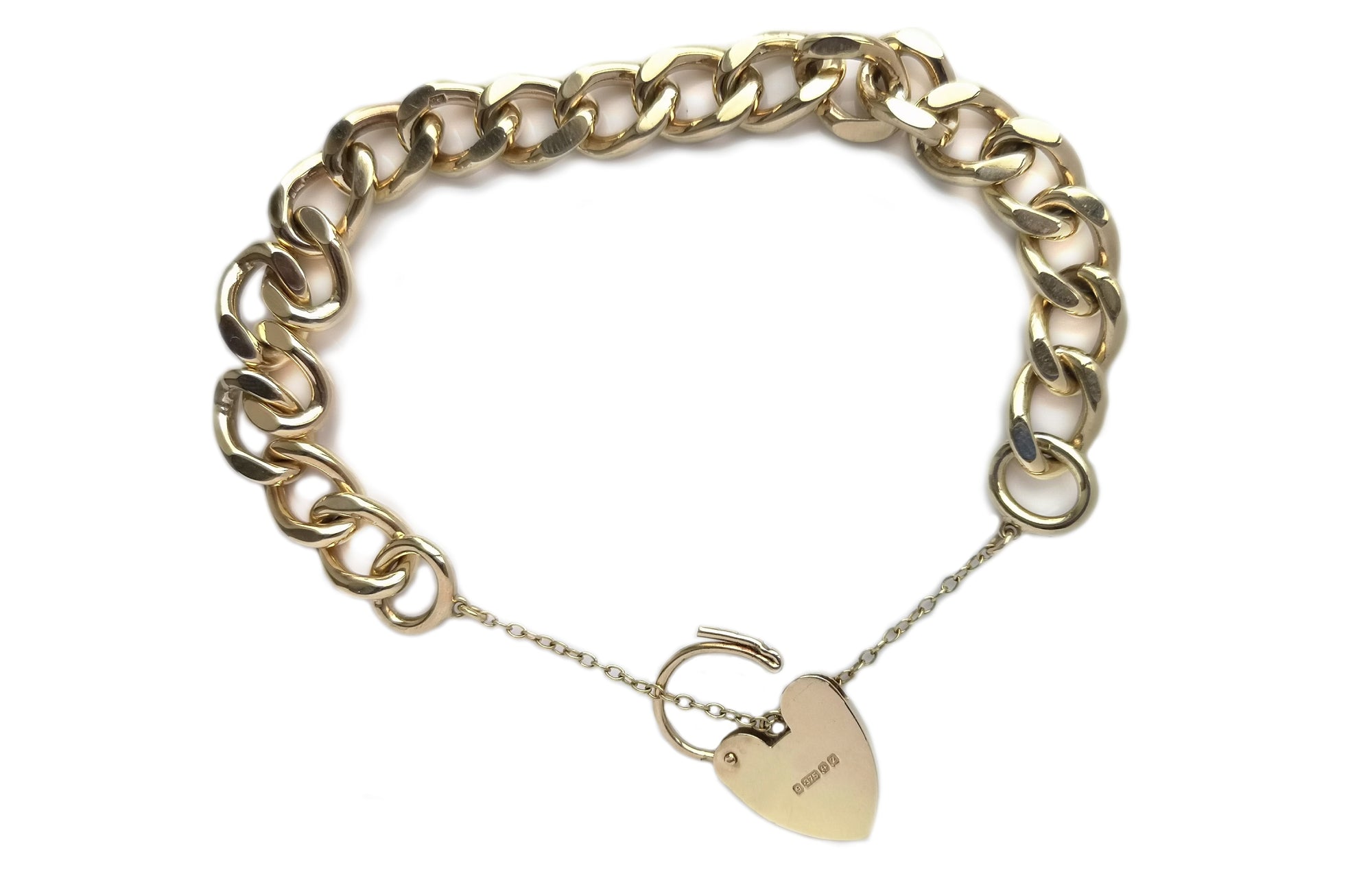 Solid 9ct Yellow Gold Heart Padlock Curb Link Bracelet 36g 6.75"