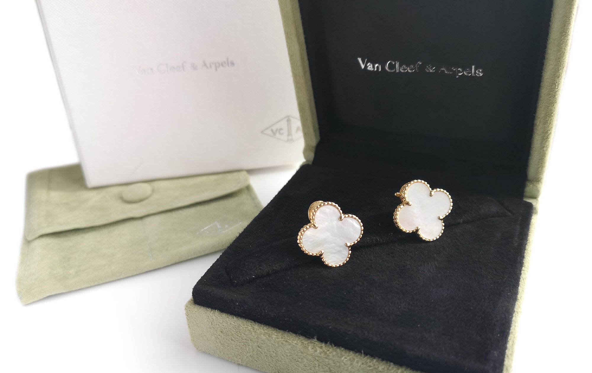 VCA Magic Alhambra MOP Earrings with Posts, with Boxes & Valuation
