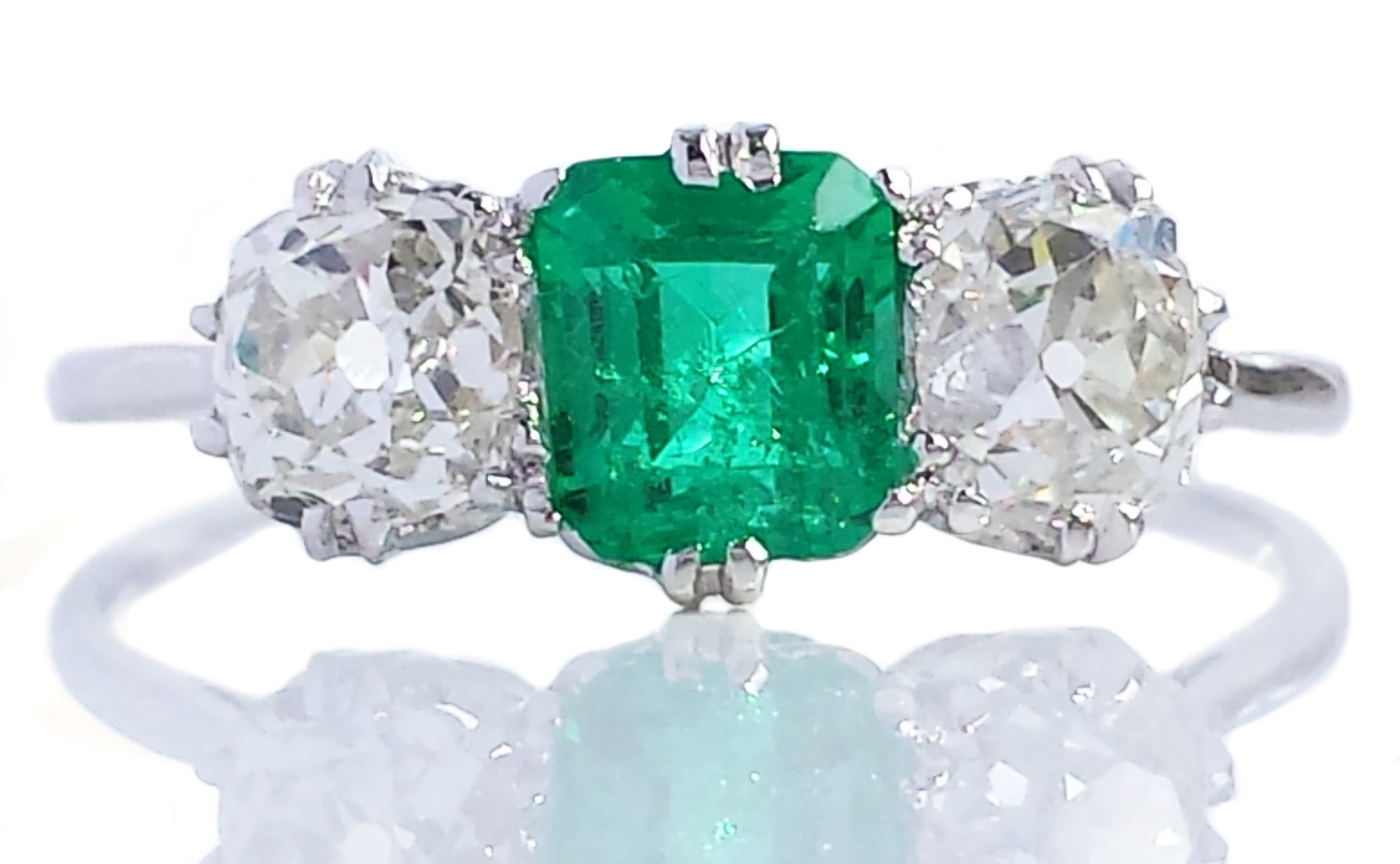 Victorian Edwardian 3 Stone 2tcw Colombian Emerald & Old Mine Cut Diamond Platinum Engagement Ring