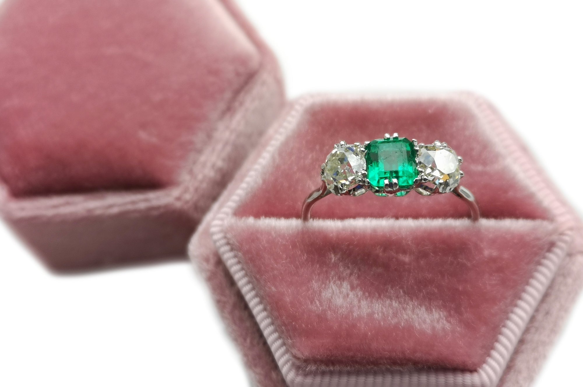 Victorian Edwardian 3 Stone 2tcw Colombian Emerald & Old Mine Cut Diamond Platinum Engagement Ring