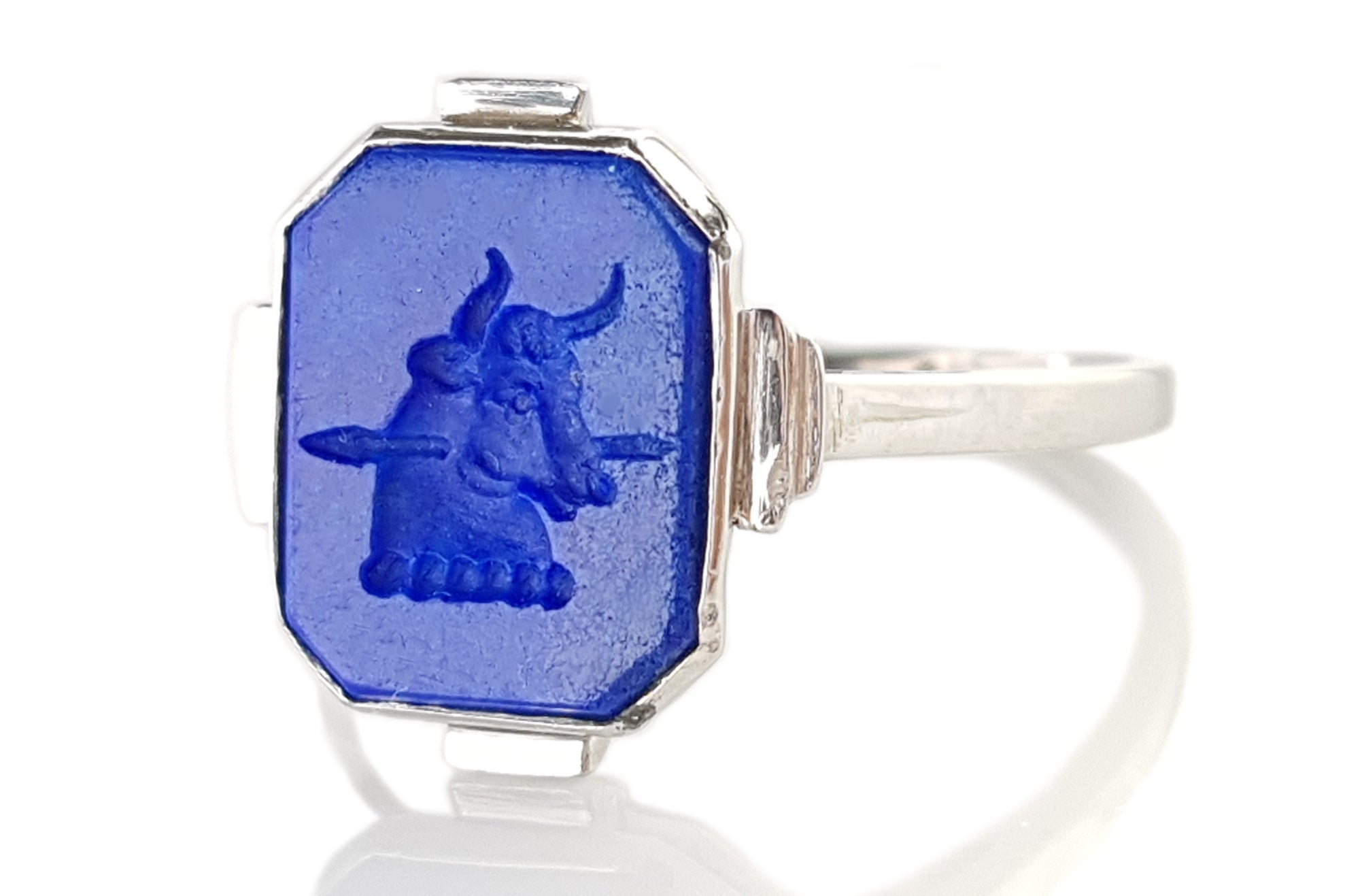 Original Art Deco Platinum Ring with Lapis Lazuli Bull's Head Intaglio